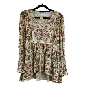 Sundance Blouse Boho Tunic Floral V Neck Long Sleeve Rayon Top, XS Peasant D58